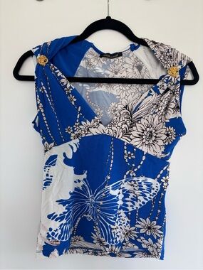 Roberto Cavalli Royal Blue White Floral & Butterfly V-Neck Tank